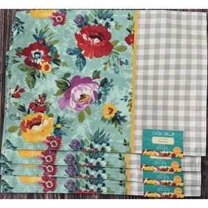 Pioneer Woman Sweet Romance Placemats Reversible Floral Gray Check Set of 4 New